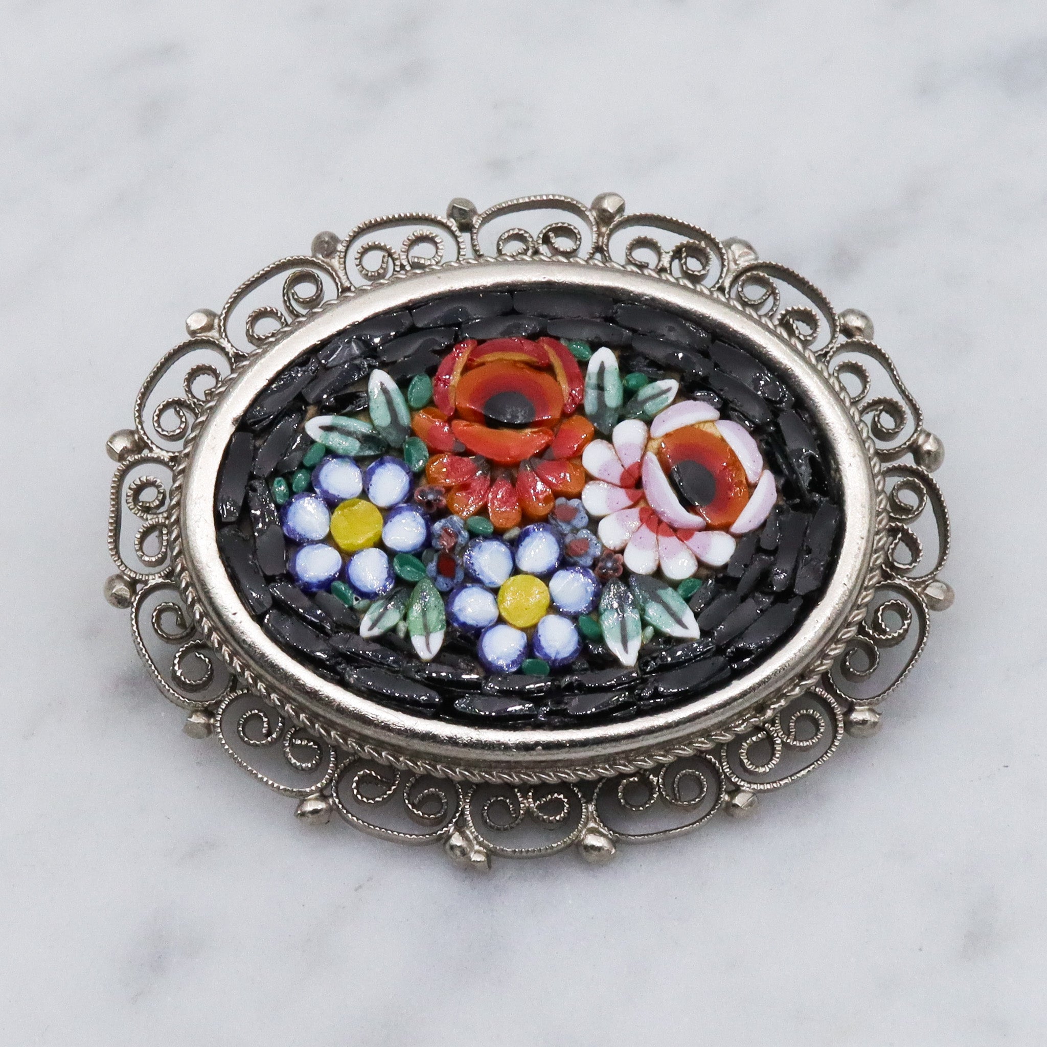 Vintage Spanish silver tone micro mosaic tile brooch